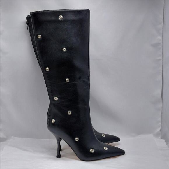 Black Studded Knee High Pointed Toe Stiletto Heel Boots Womens 7.5 Edgy Chic - Picture 1 of 9